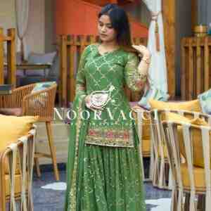 Stunning Party Wear Chinon Silk Top with Sharara Plazzo & Embroidered Dupatta