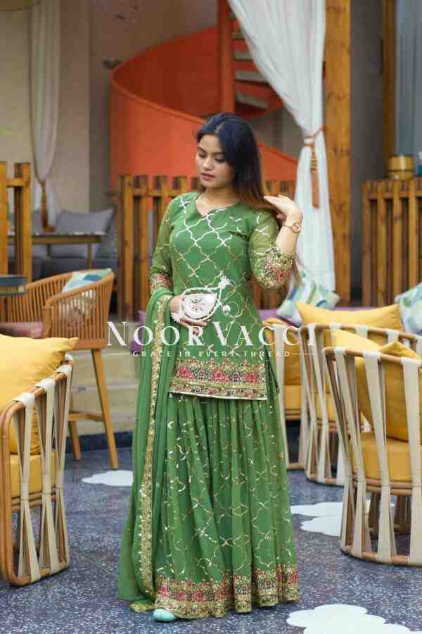 Stunning Party Wear Chinon Silk Top with Sharara Plazzo & Embroidered Dupatta