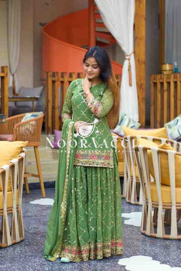 Stunning Party Wear Chinon Silk Top with Sharara Plazzo & Embroidered Dupatta - Image 3