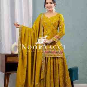 Stunning Party Wear Chinon Silk Top with Sharara Plazzo & Embroidered Dupatta