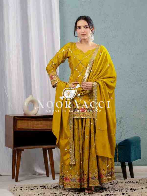 Stunning Party Wear Chinon Silk Top with Sharara Plazzo & Embroidered Dupatta - Image 3