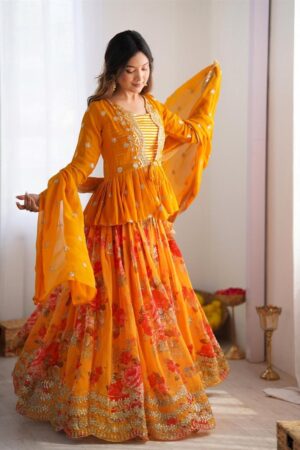 Buy Faux Georgette Digital Print Lehenga with Koti, Choli & Embroidered Dupatta