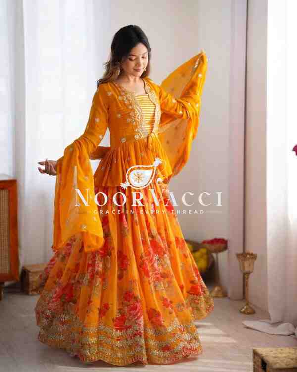 Faux Georgette Digital Print Lehenga with Koti, Choli & Embroidered Dupatta