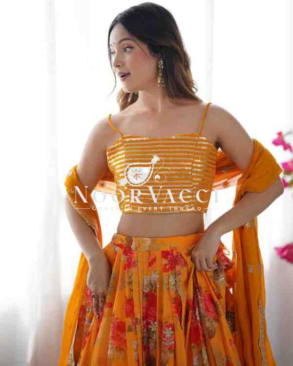 Faux Georgette Digital Print Lehenga with Koti, Choli & Embroidered Dupatta - Image 7