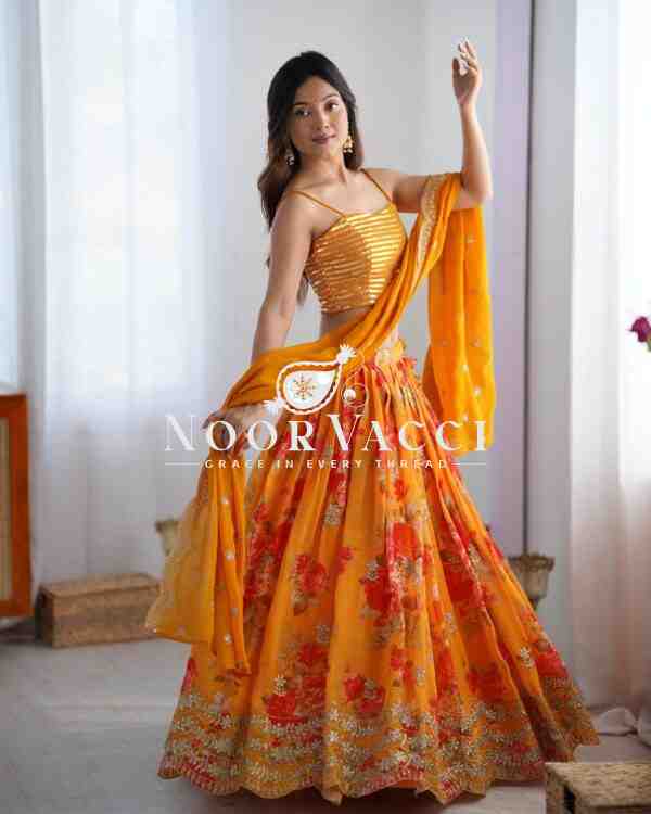 Faux Georgette Digital Print Lehenga with Koti, Choli & Embroidered Dupatta - Image 4