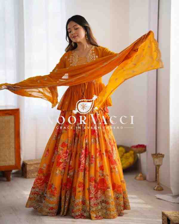 Faux Georgette Digital Print Lehenga with Koti, Choli & Embroidered Dupatta - Image 2