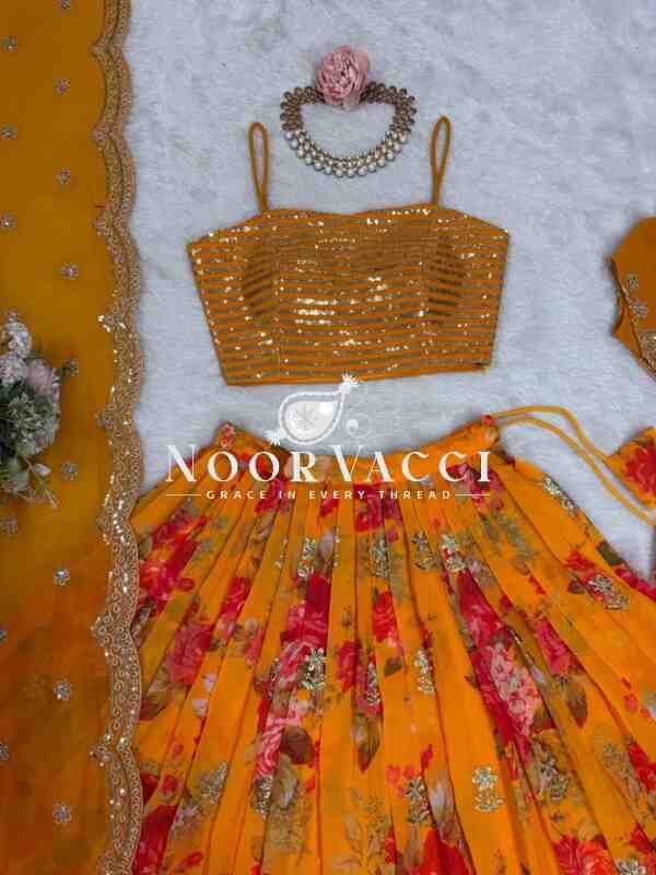 Faux Georgette Digital Print Lehenga with Koti, Choli & Embroidered Dupatta - Image 11