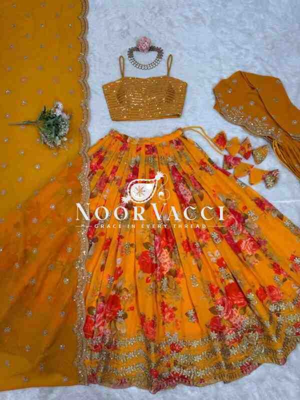 Faux Georgette Digital Print Lehenga with Koti, Choli & Embroidered Dupatta - Image 12