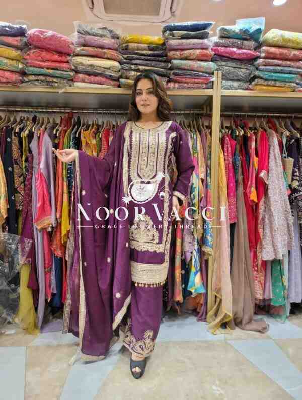 Pure Chinnon Silk Embroidered Dori-Sequence Plazzo Set – Fully Stitched - Image 6