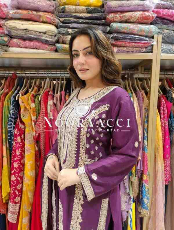 Pure Chinnon Silk Embroidered Dori-Sequence Plazzo Set – Fully Stitched - Image 5