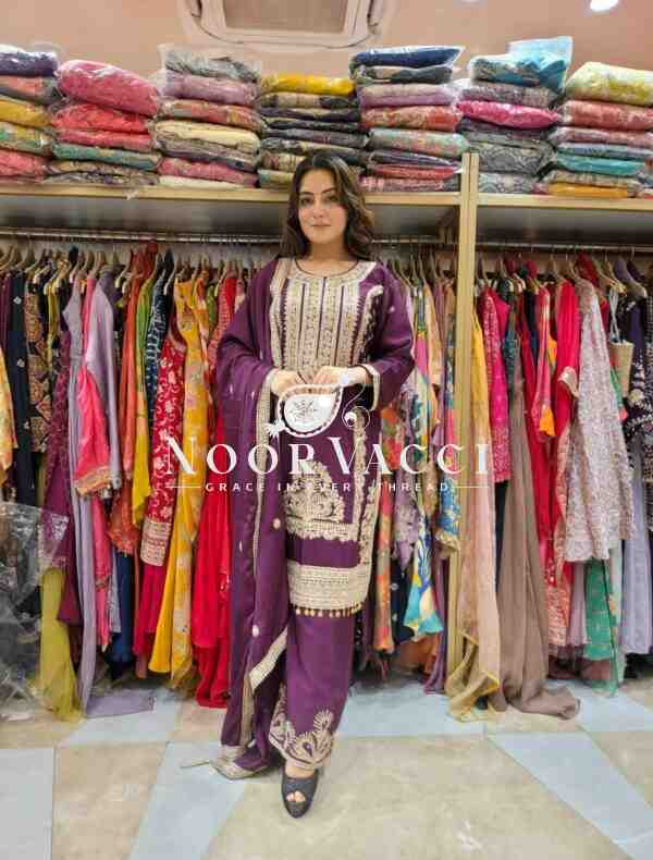 Pure Chinnon Silk Embroidered Dori-Sequence Plazzo Set – Fully Stitched - Image 2