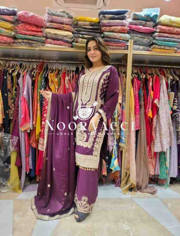 Pure Chinnon Silk Embroidered Dori-Sequence Plazzo Set – Fully Stitched - Image 3