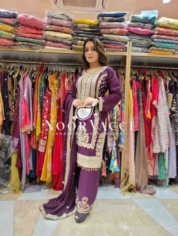 Pure Chinnon Silk Embroidered Dori-Sequence Plazzo Set – Fully Stitched - Image 4