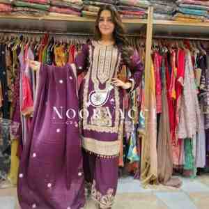 Pure Chinnon Silk Embroidered Dori-Sequence Plazzo Set – Fully Stitched