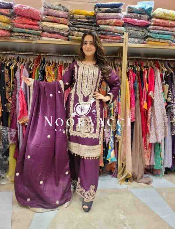 Pure Chinnon Silk Embroidered Dori-Sequence Plazzo Set – Fully Stitched