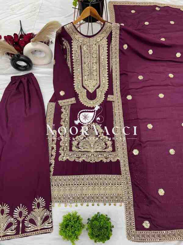 Pure Chinnon Silk Embroidered Dori-Sequence Plazzo Set – Fully Stitched - Image 10