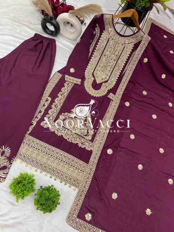 Pure Chinnon Silk Embroidered Dori-Sequence Plazzo Set – Fully Stitched - Image 9