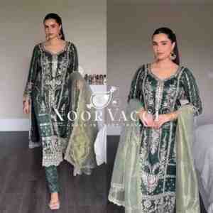 Pure Heavy Chinon Silk Embroidered Top with Pant & Organza Dupatta Set