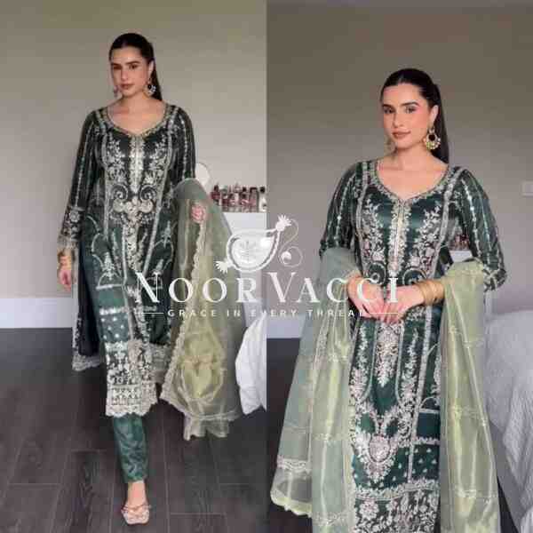 Pure Heavy Chinon Silk Embroidered Top with Pant & Organza Dupatta Set