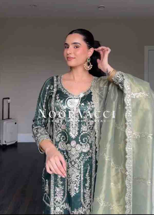 Pure Heavy Chinon Silk Embroidered Top with Pant & Organza Dupatta Set - Image 5