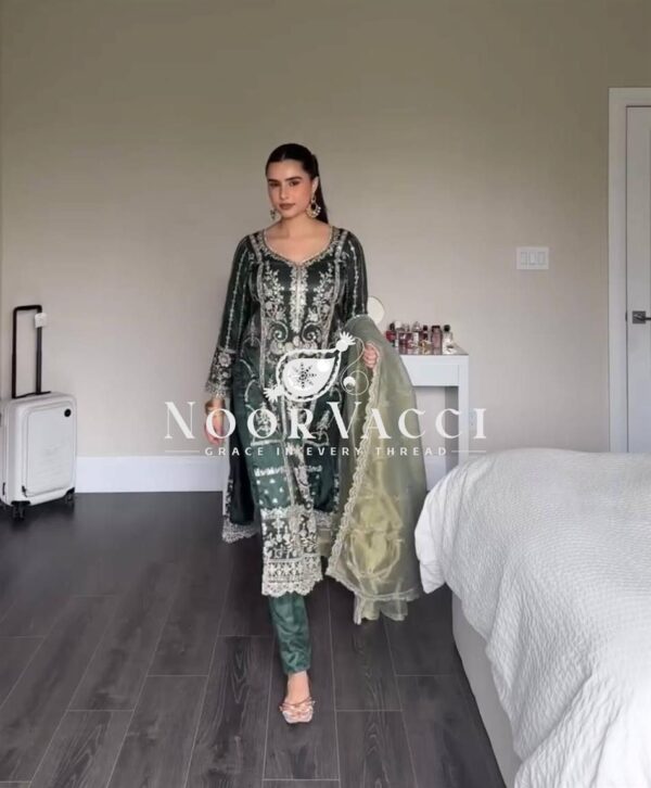 Buy Pure Heavy Chinon Silk Embroidered Top with Pant & Organza Dupatta Set - Image 2