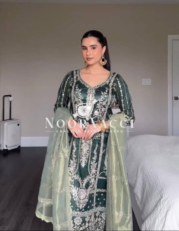 Buy Pure Heavy Chinon Silk Embroidered Top with Pant & Organza Dupatta Set - Image 3