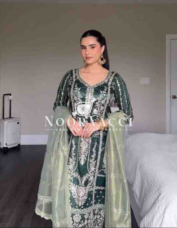 Pure Heavy Chinon Silk Embroidered Top with Pant & Organza Dupatta Set - Image 3
