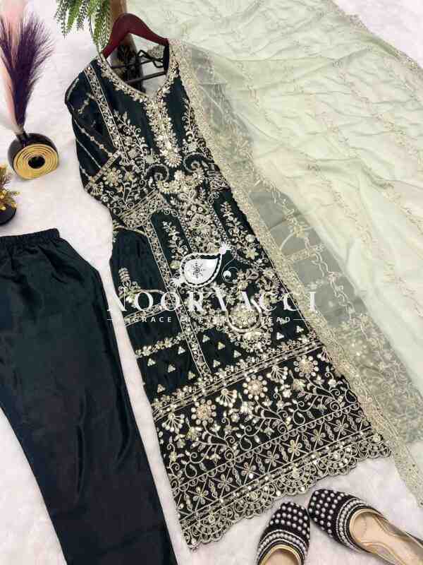 Pure Heavy Chinon Silk Embroidered Top with Pant & Organza Dupatta Set - Image 9