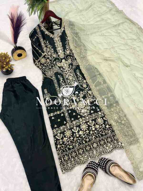 Pure Heavy Chinon Silk Embroidered Top with Pant & Organza Dupatta Set - Image 7