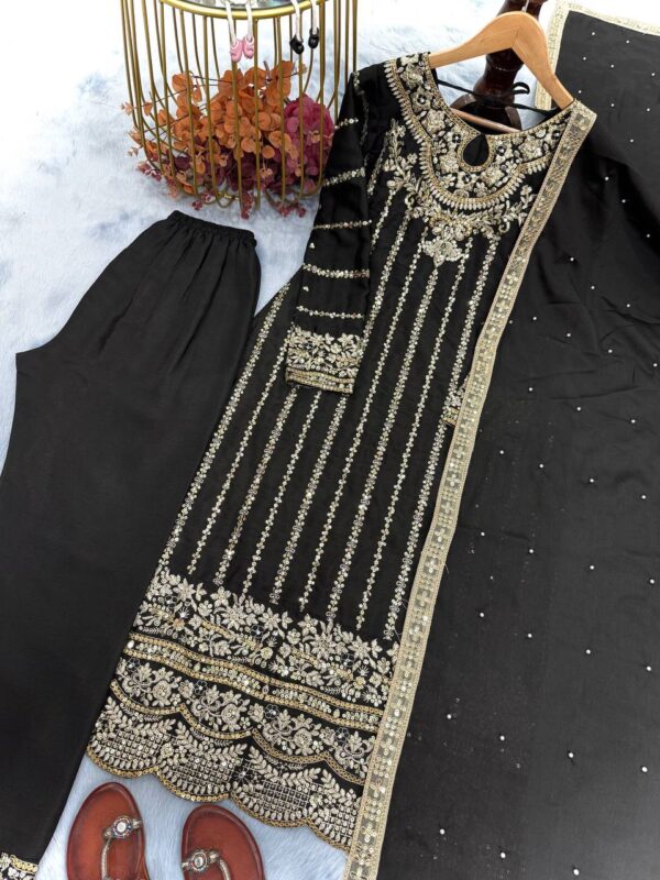 Buy Heavy Chinon Silk Embroidered Top Plazzo & Dupatta Set - Image 3