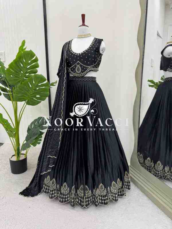 Satin Silk Lehenga Set with Real Mirror & Hotfix Work - Image 3