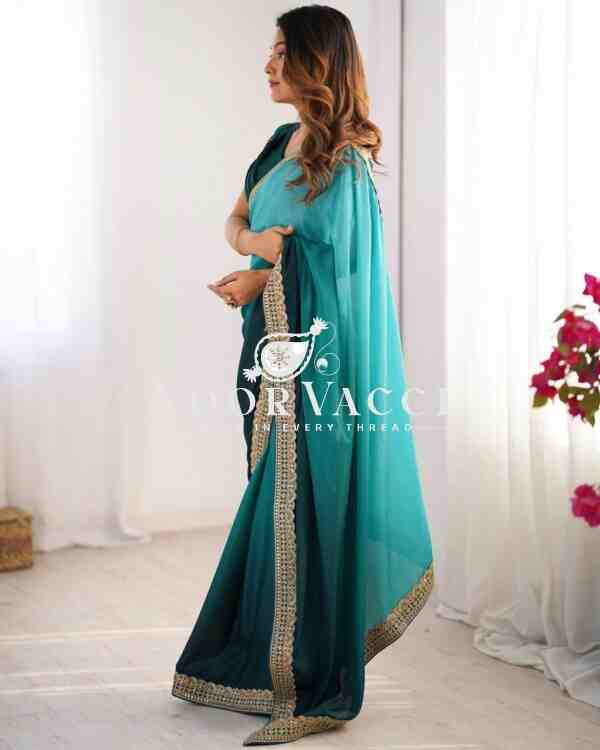 Chinon Silk Saree with Thread & Sequence Lace Work and Mono Benglori Blouse - Image 2