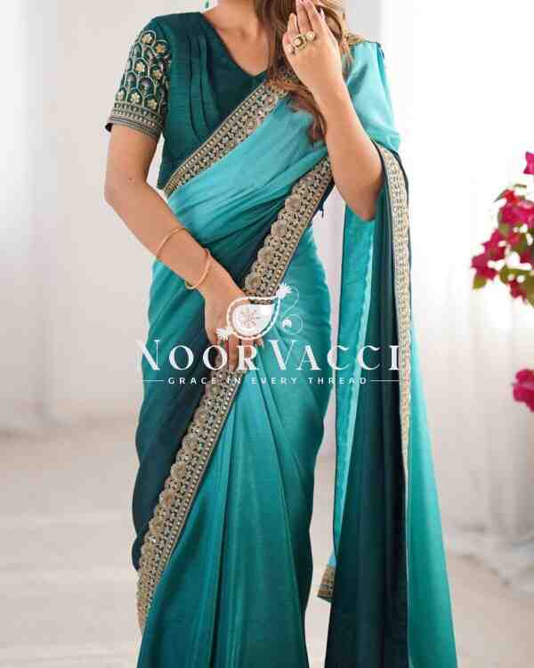 Chinon Silk Saree with Thread & Sequence Lace Work and Mono Benglori Blouse - Image 5