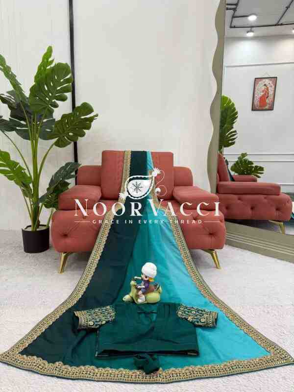 Chinon Silk Saree with Thread & Sequence Lace Work and Mono Benglori Blouse - Image 8