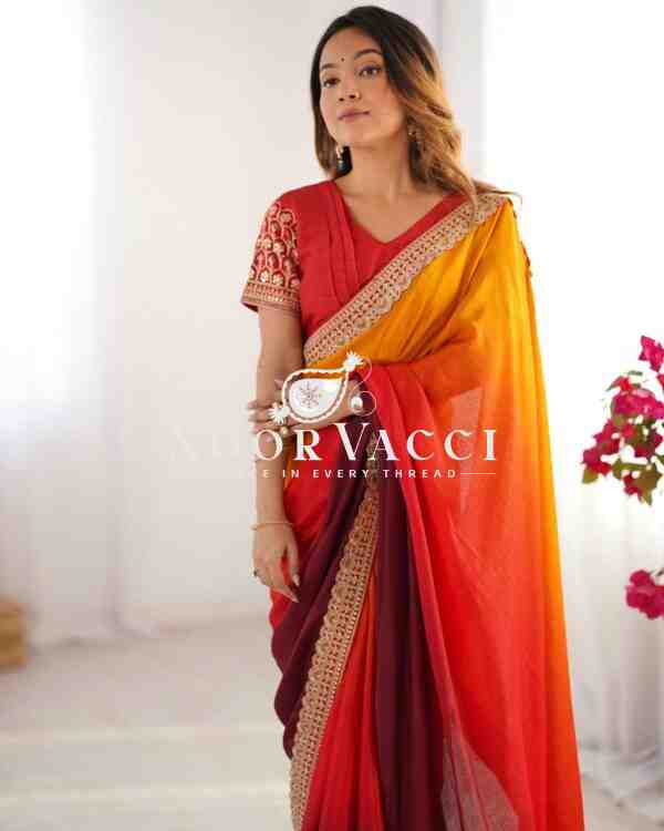 Chinon Silk Saree with Thread & Sequence Lace Work and Mono Benglori Blouse - Image 5