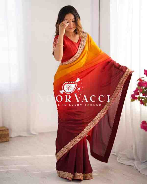 Chinon Silk Saree with Thread & Sequence Lace Work and Mono Benglori Blouse - Image 2