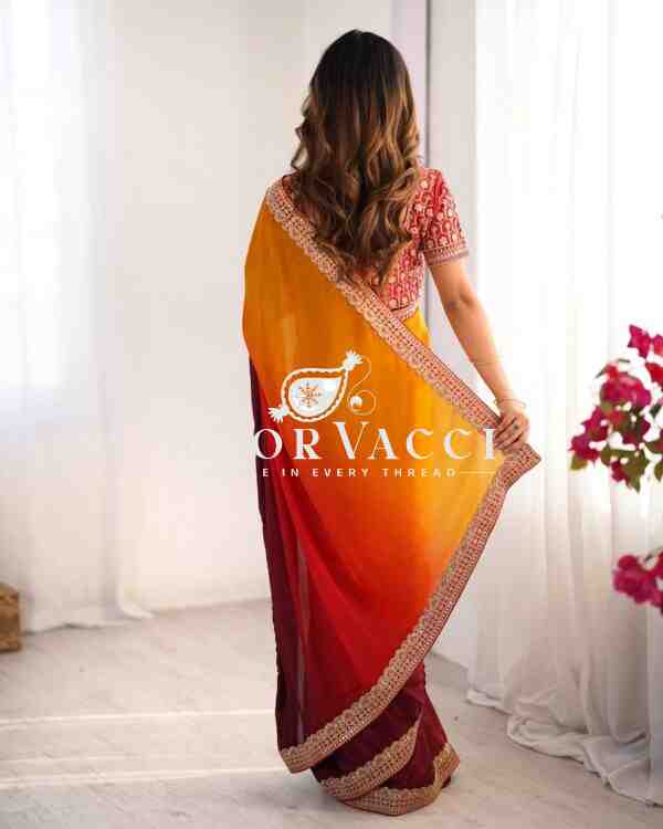 Chinon Silk Saree with Thread & Sequence Lace Work and Mono Benglori Blouse - Image 6