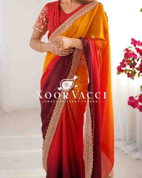 Chinon Silk Saree with Thread & Sequence Lace Work and Mono Benglori Blouse - Image 3