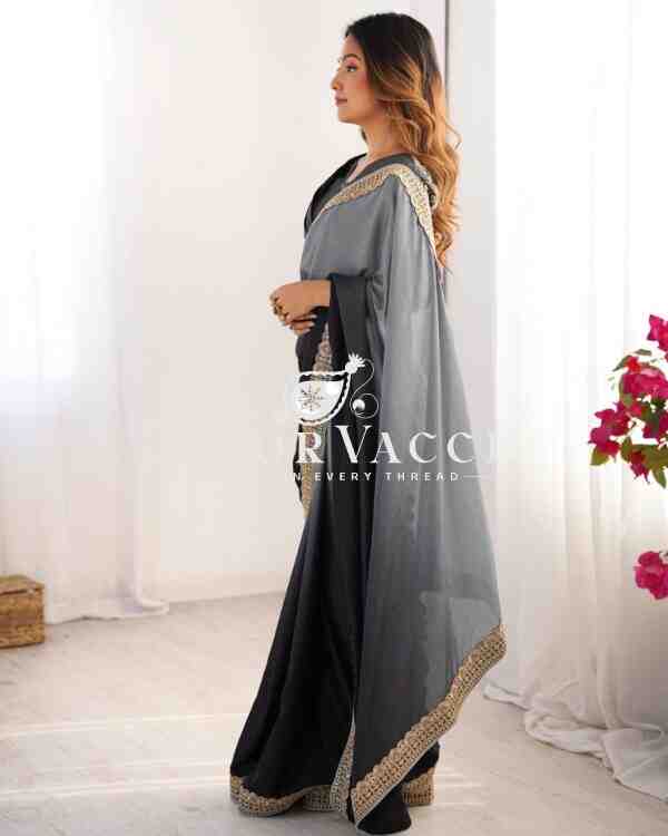Chinon Silk Saree with Thread & Sequence Lace Work and Mono Benglori Blouse - Image 3
