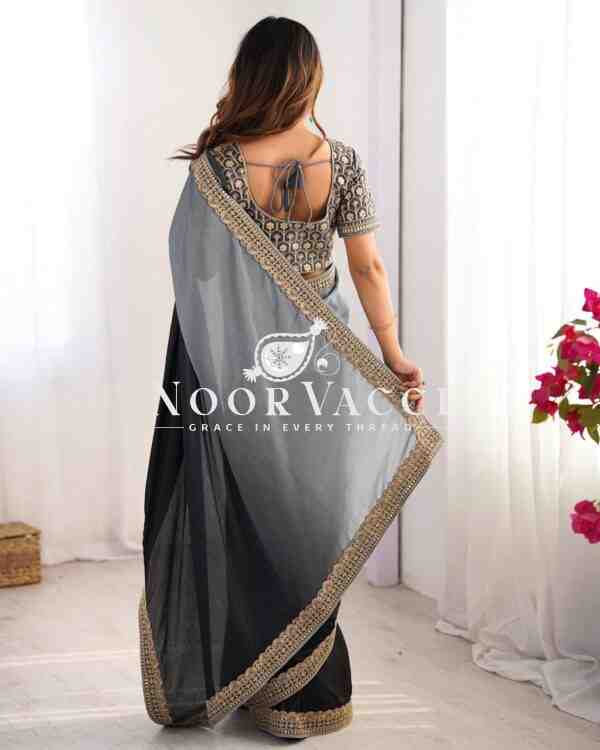Chinon Silk Saree with Thread & Sequence Lace Work and Mono Benglori Blouse - Image 4