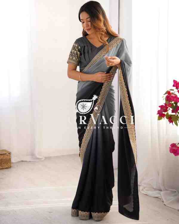 Chinon Silk Saree with Thread & Sequence Lace Work and Mono Benglori Blouse - Image 2