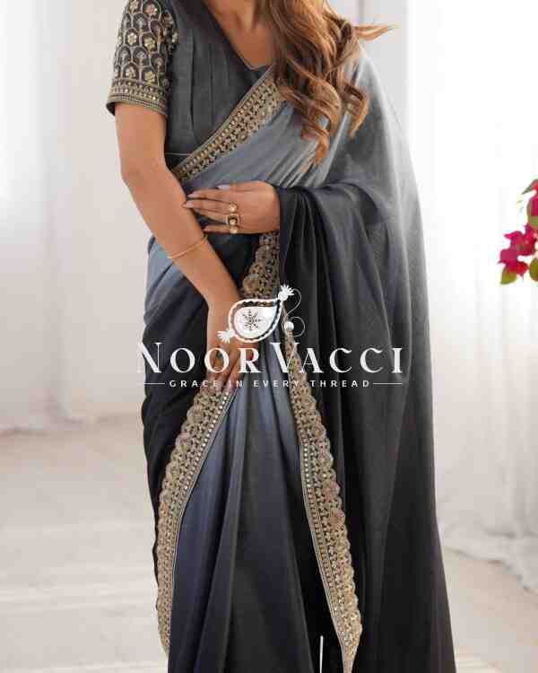 Chinon Silk Saree with Thread & Sequence Lace Work and Mono Benglori Blouse - Image 5