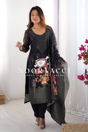 Shop Chanderi Silk Top with Jacquard Digital Print, Micro Pent, and Matching Dupatta