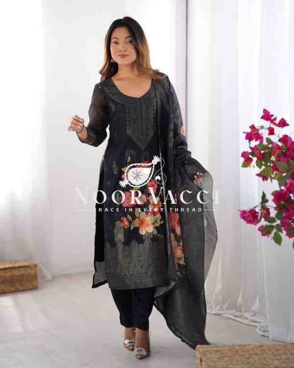 Chanderi Silk Top with Jacquard Digital Print, Micro Pent, and Matching Dupatta