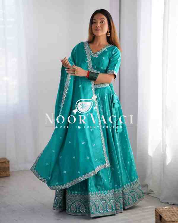 Shimmer Silk Lehenga with Thread & Sequence Work, Semi-Stitched with Matching Choli and Dupatta