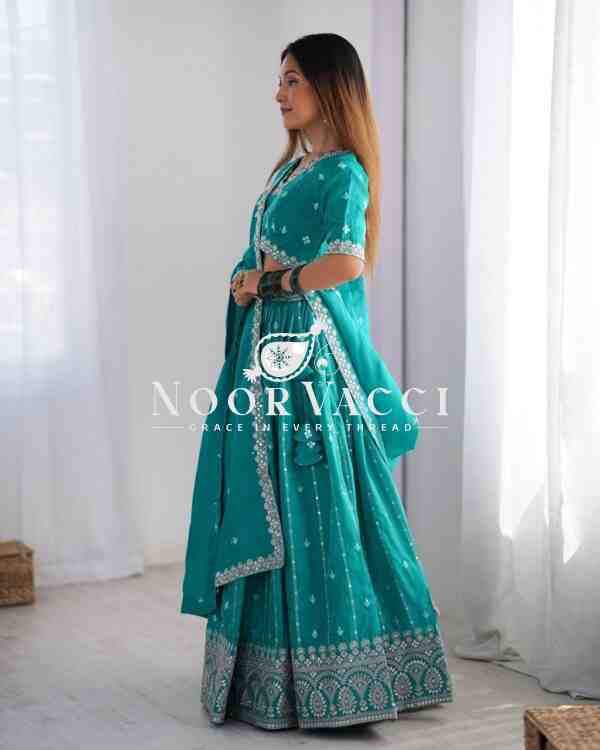 Shimmer Silk Lehenga with Thread & Sequence Work, Semi-Stitched with Matching Choli and Dupatta - Image 4