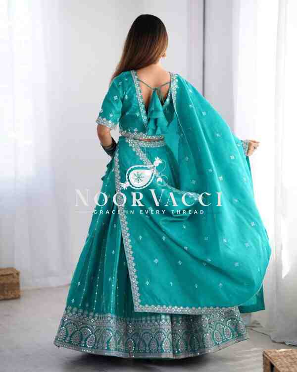 Shimmer Silk Lehenga with Thread & Sequence Work, Semi-Stitched with Matching Choli and Dupatta - Image 5