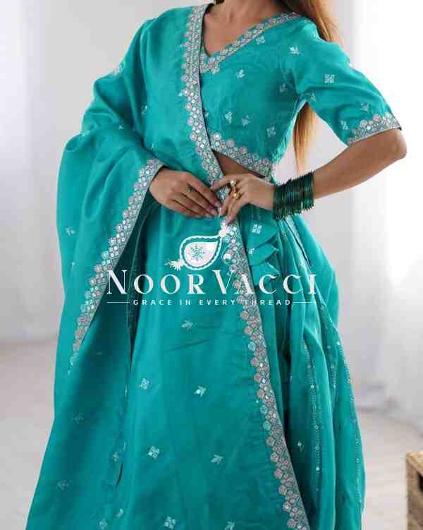 Shimmer Silk Lehenga with Thread & Sequence Work, Semi-Stitched with Matching Choli and Dupatta - Image 6