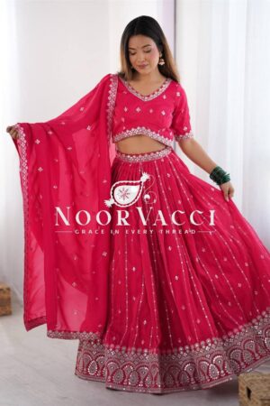Shop Shimmer Silk Lehenga with Thread & Sequence Work, Semi-Stitched with Matching Choli and Dupatta