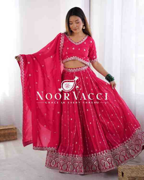 Shimmer Silk Lehenga with Thread & Sequence Work, Semi-Stitched with Matching Choli and Dupatta